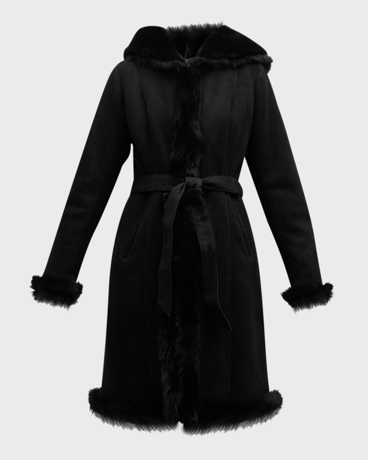 Gorski Toscana Lamb Trim Belted Lamb Shearling Hooded Coat In Black