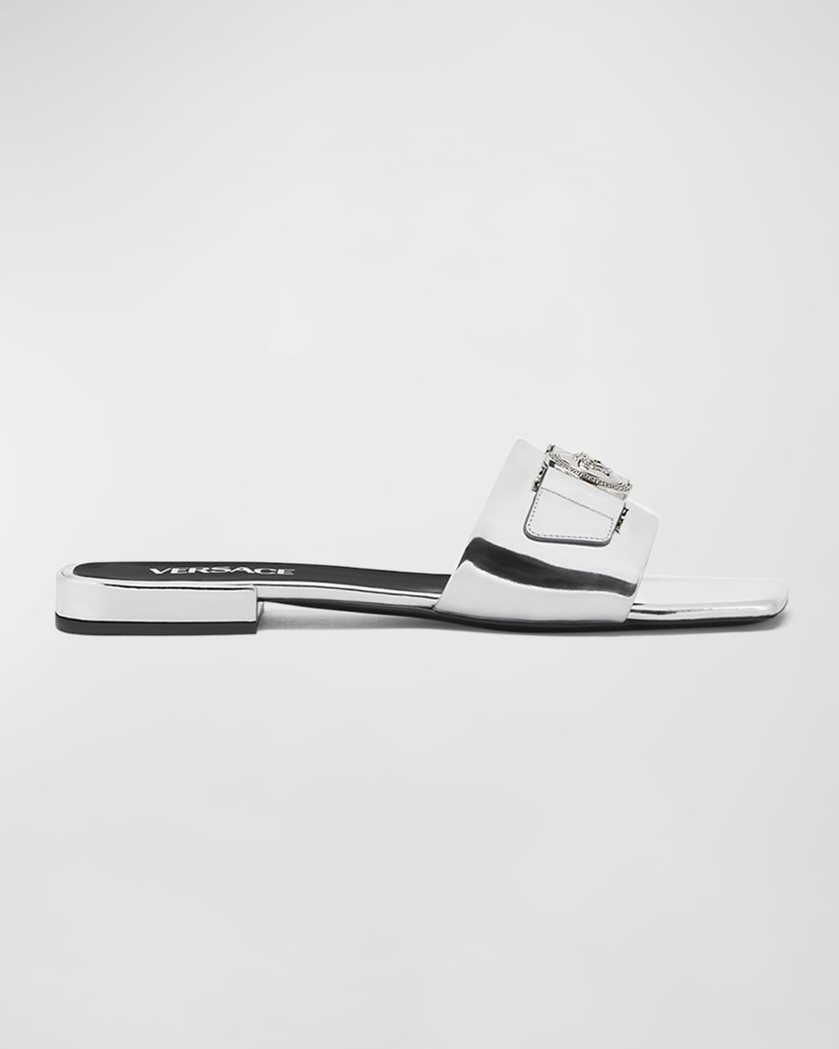Shop Versace Medusa Coin Metallic Slide Sandals In Silver-palladium