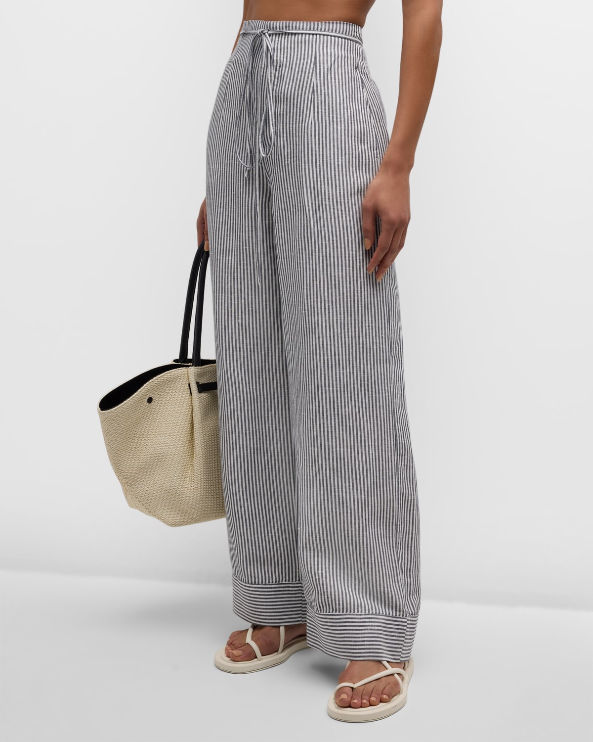 Shop Onia Air Linen Striped Paperbag Trousers In Deep Navywhite