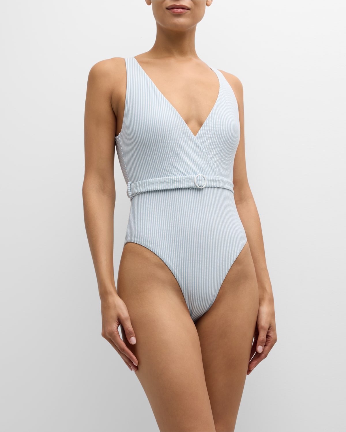 Shop Onia Michelle Striped Seersucker One-piece Swimsuit In Pale Bluewhite