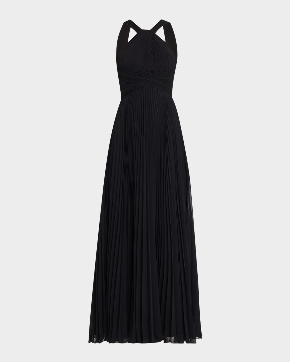 Rickie Freeman For Teri Jon Pleated Twist-front A-line Halter Gown In Black