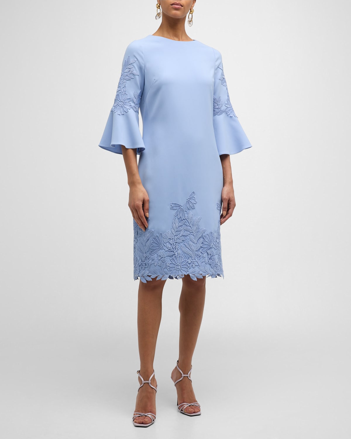 Shop Rickie Freeman For Teri Jon Lace-trim Bell-sleeve Crepe Midi Dress In Periwinkle