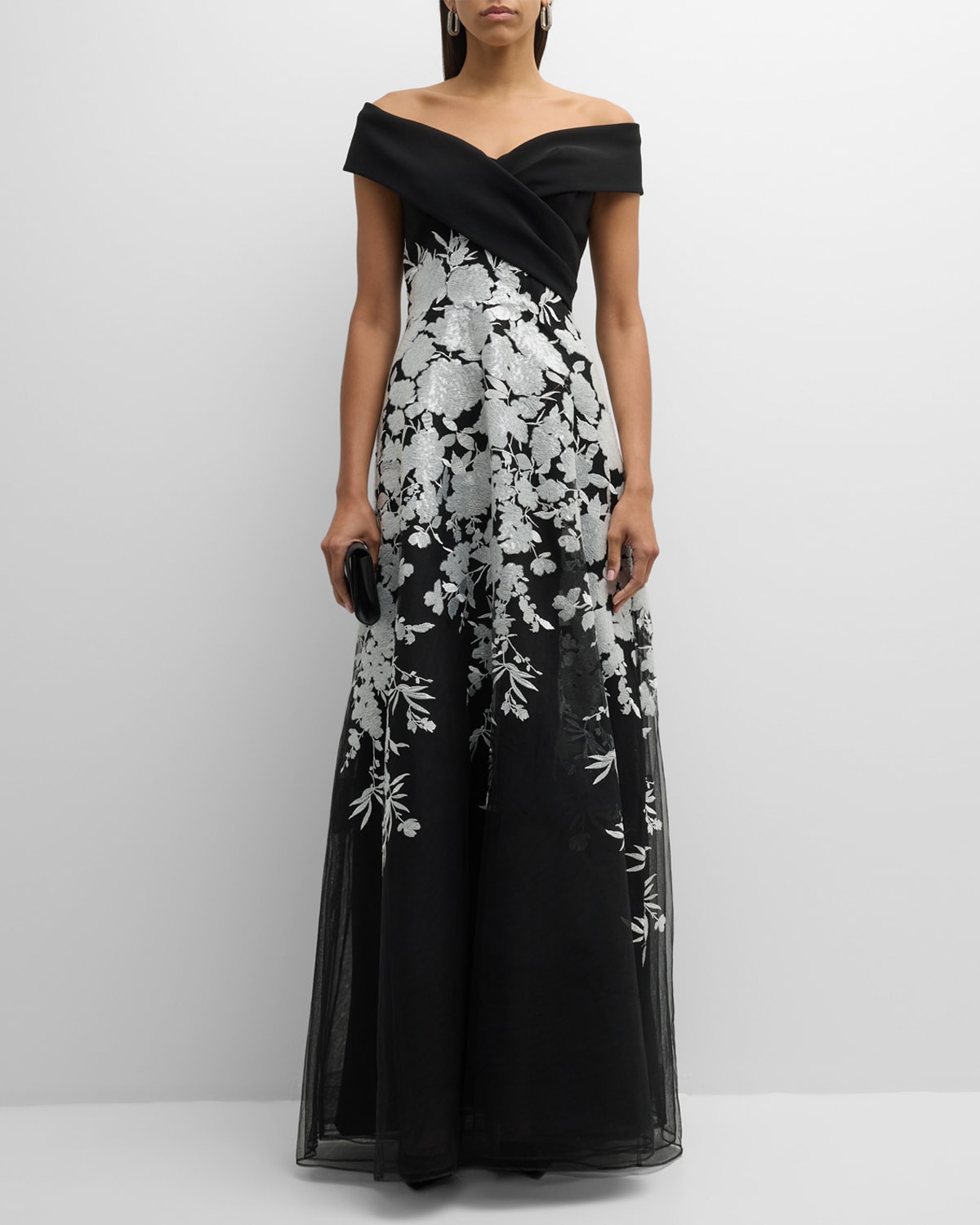 Shop Rickie Freeman For Teri Jon Off-shoulder Embroidered Crepe Gown In Black Silver