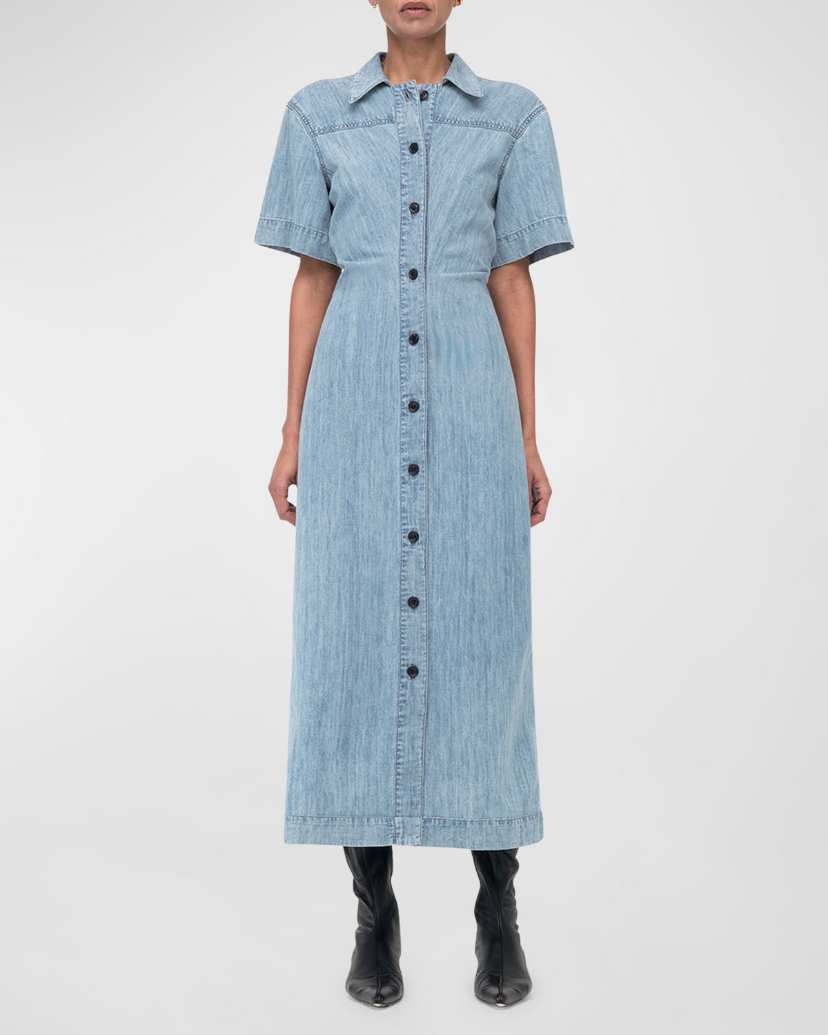 Another Tomorrow Cotton Chambray Bias Midi Shirt Dress In Light Blue Wash