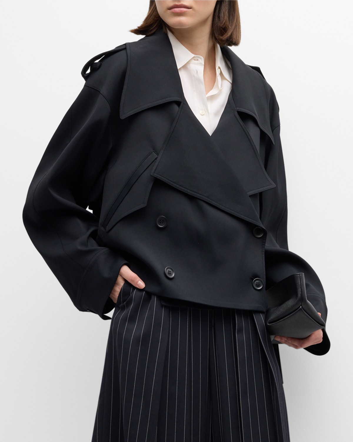 Shop Another Tomorrow Fluid Cropped Trench Coat In Black