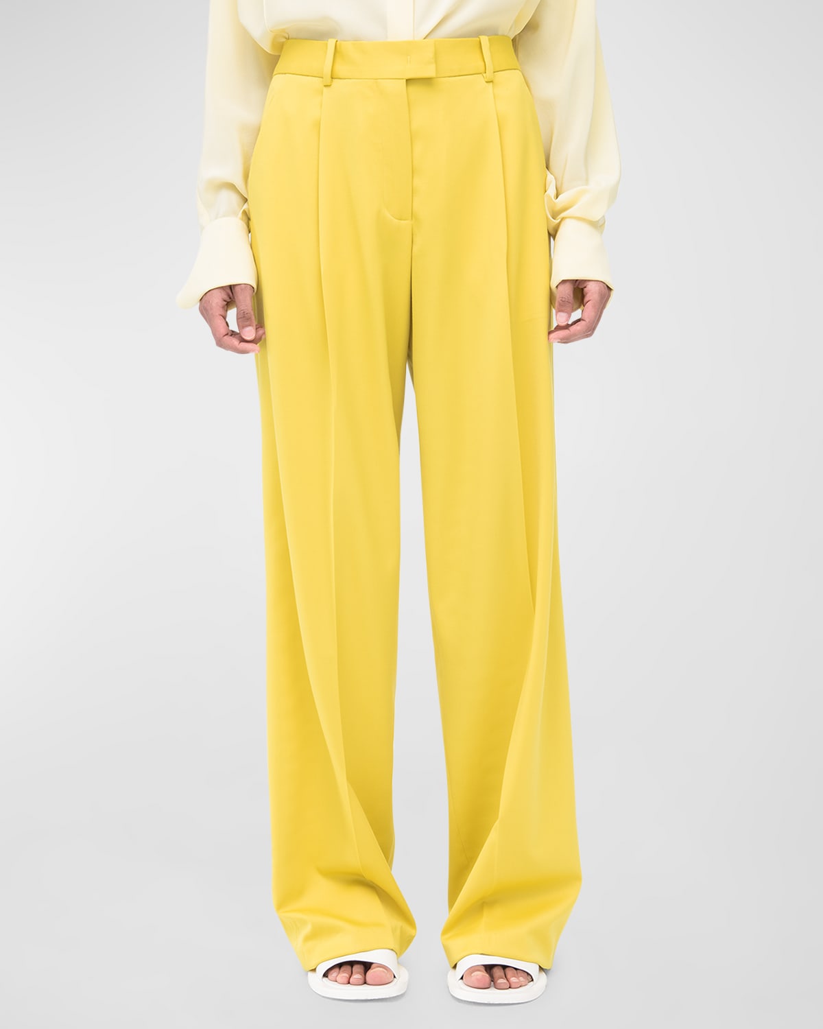 Another Tomorrow Pleated Wide-leg Wool Trousers In Bright Chartreuse