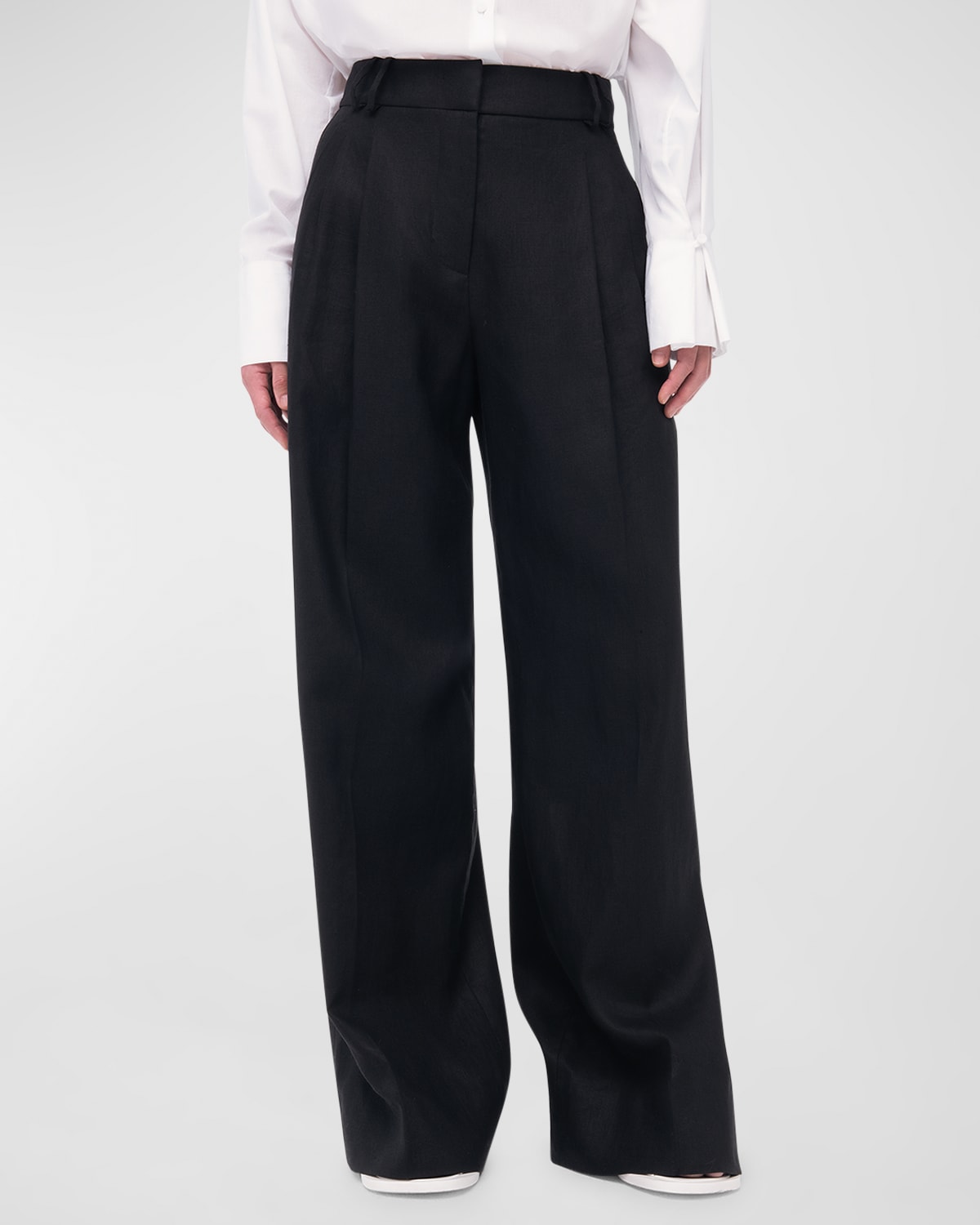Shop Another Tomorrow Pleated Front Wide-leg Linen Trousers In Black