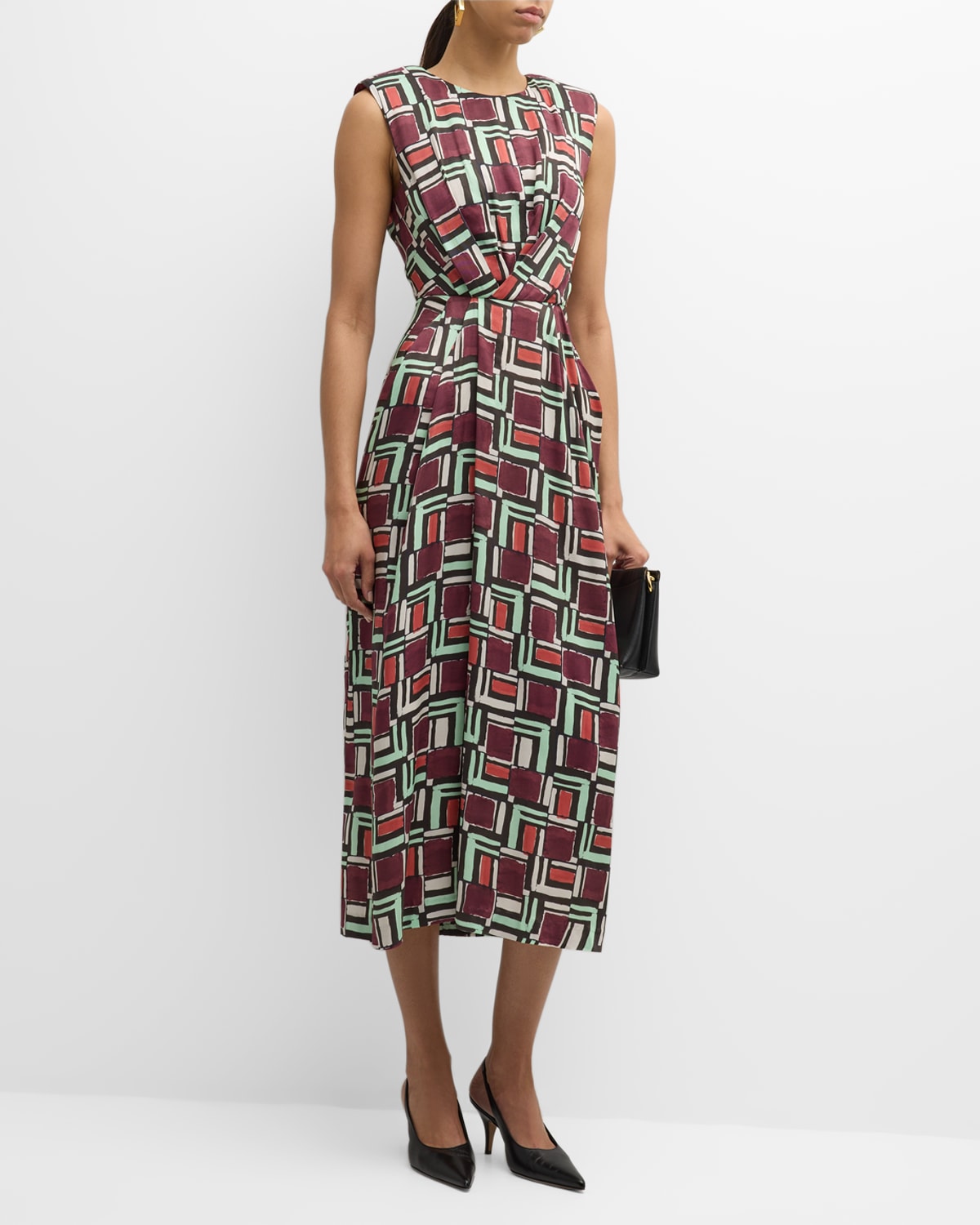 Shop St John Painted Geo-print Origami-waist Sleeveless Midi Dress In Dark Claret Multi
