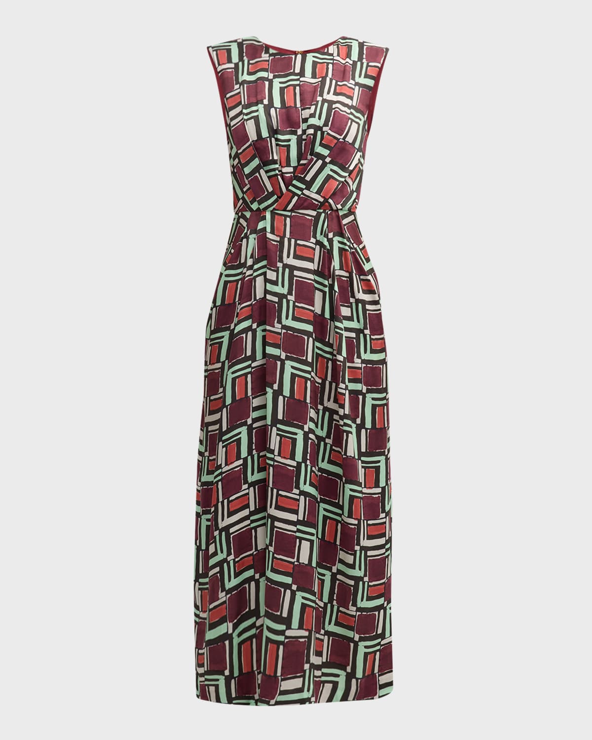 Shop St John Painted Geo-print Origami-waist Sleeveless Midi Dress In Dark Claret Multi