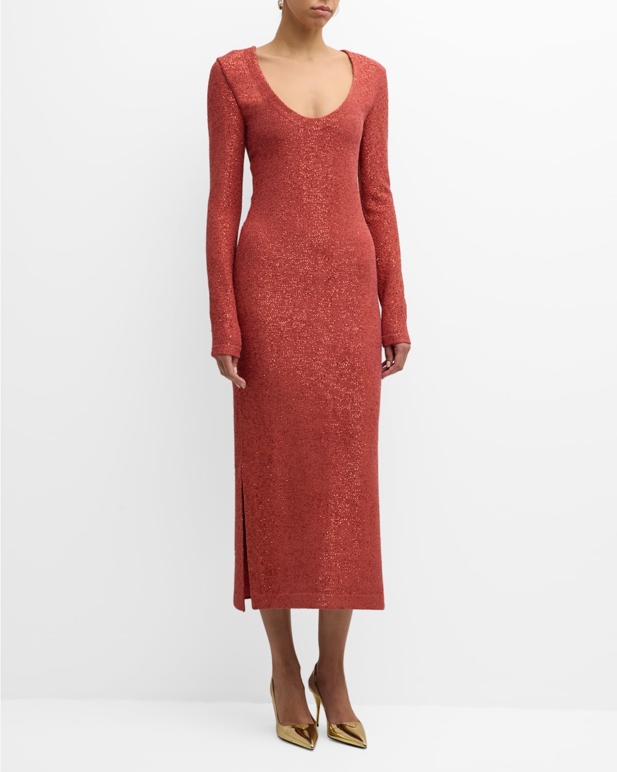 Shop St John Scoop-neck Long-sleeve Stretch Sequin Knit Midi Dress In Rose