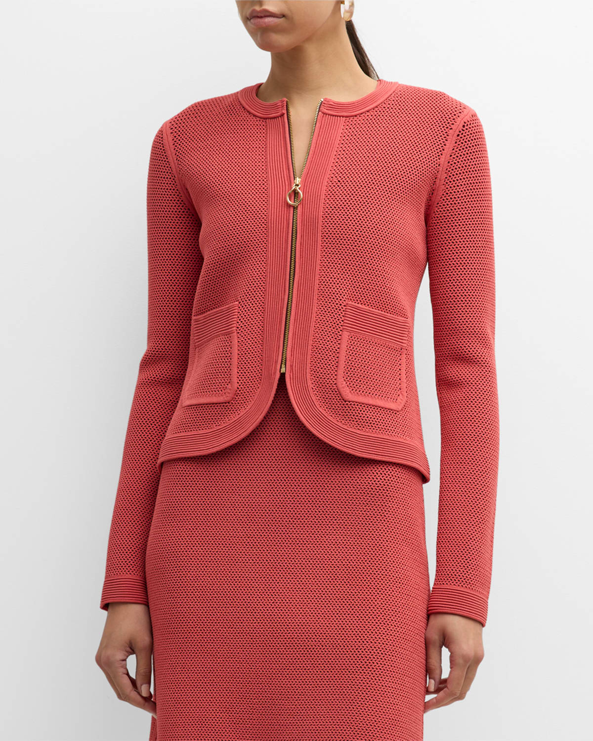 St John Bi-tonal Stretch Mesh Knit Zip-front Jacket In Rose/dark Claret