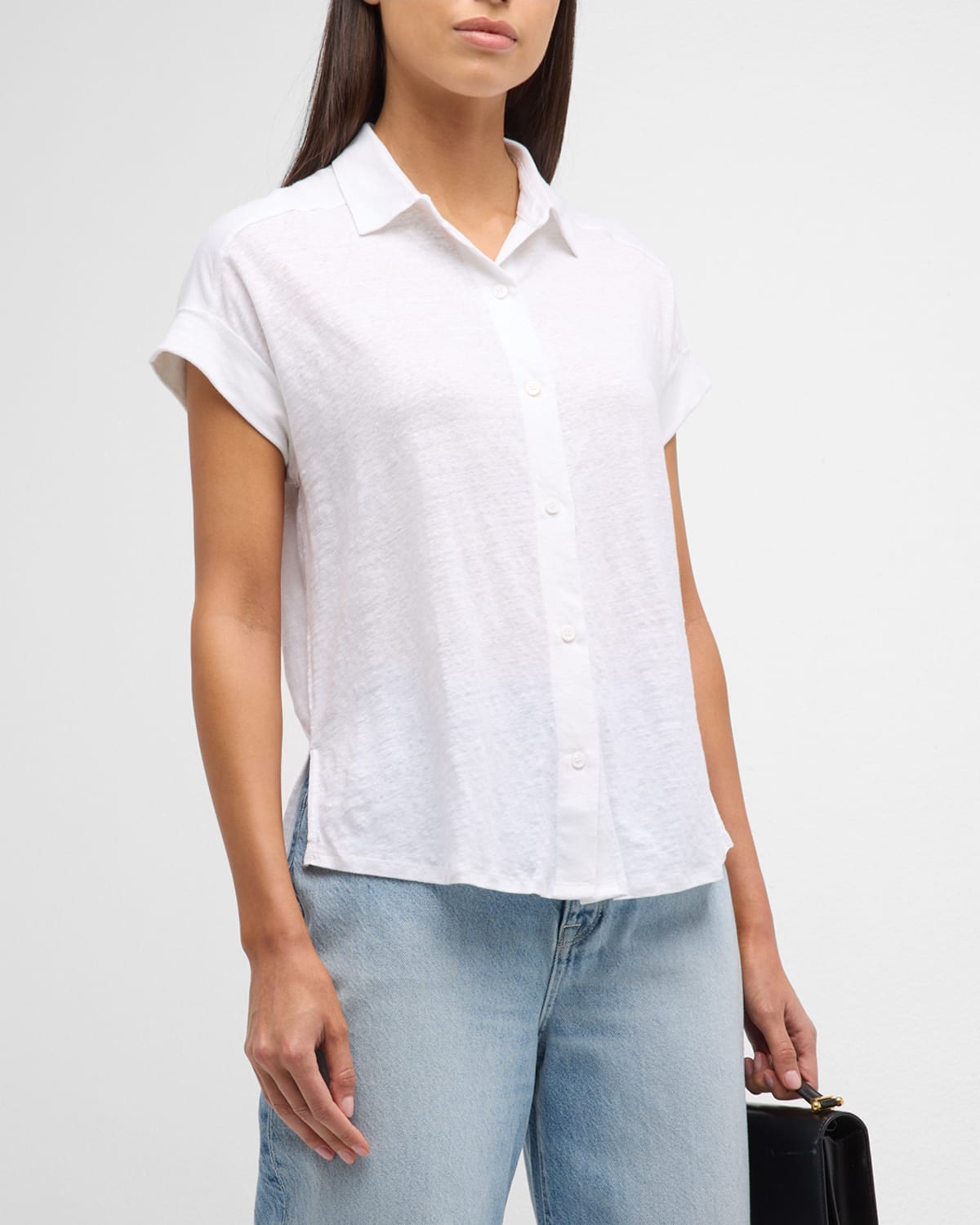 Shop Majestic Stretch Linen Short-sleeve Shirt With Rolled Cuffs In Bleu Taorimna