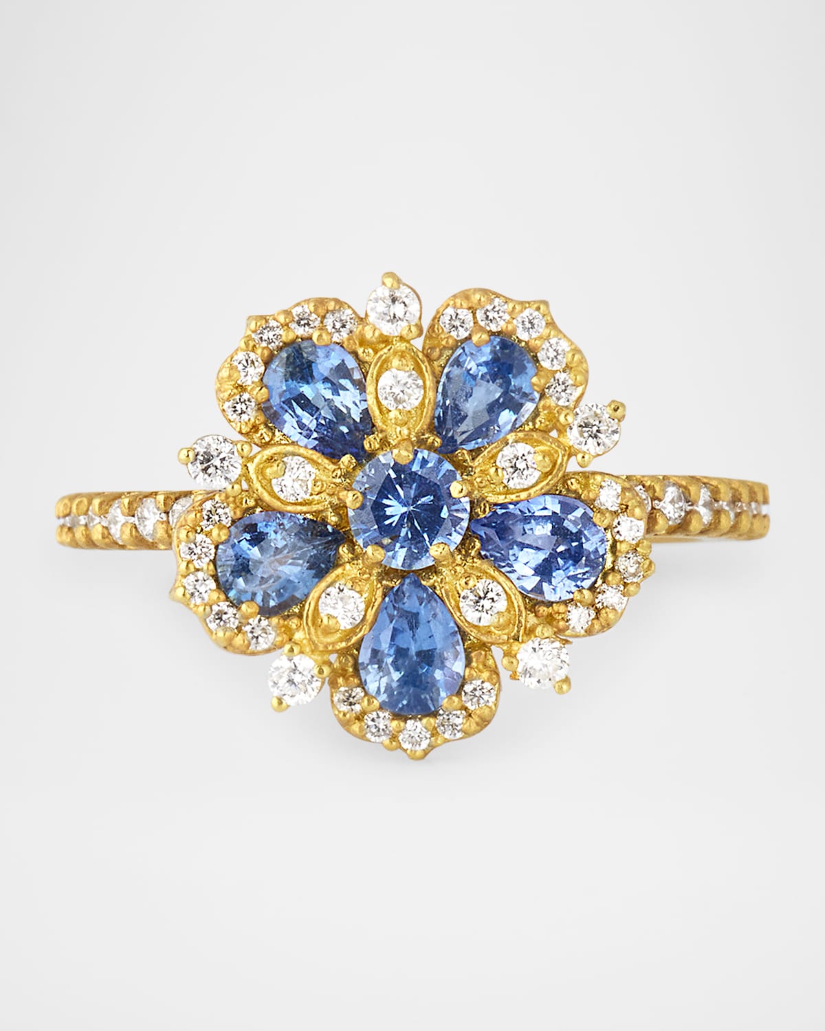 18K Yellow Gold Jasmine Bloom Diamond and Blue Sapphire Statement Ring