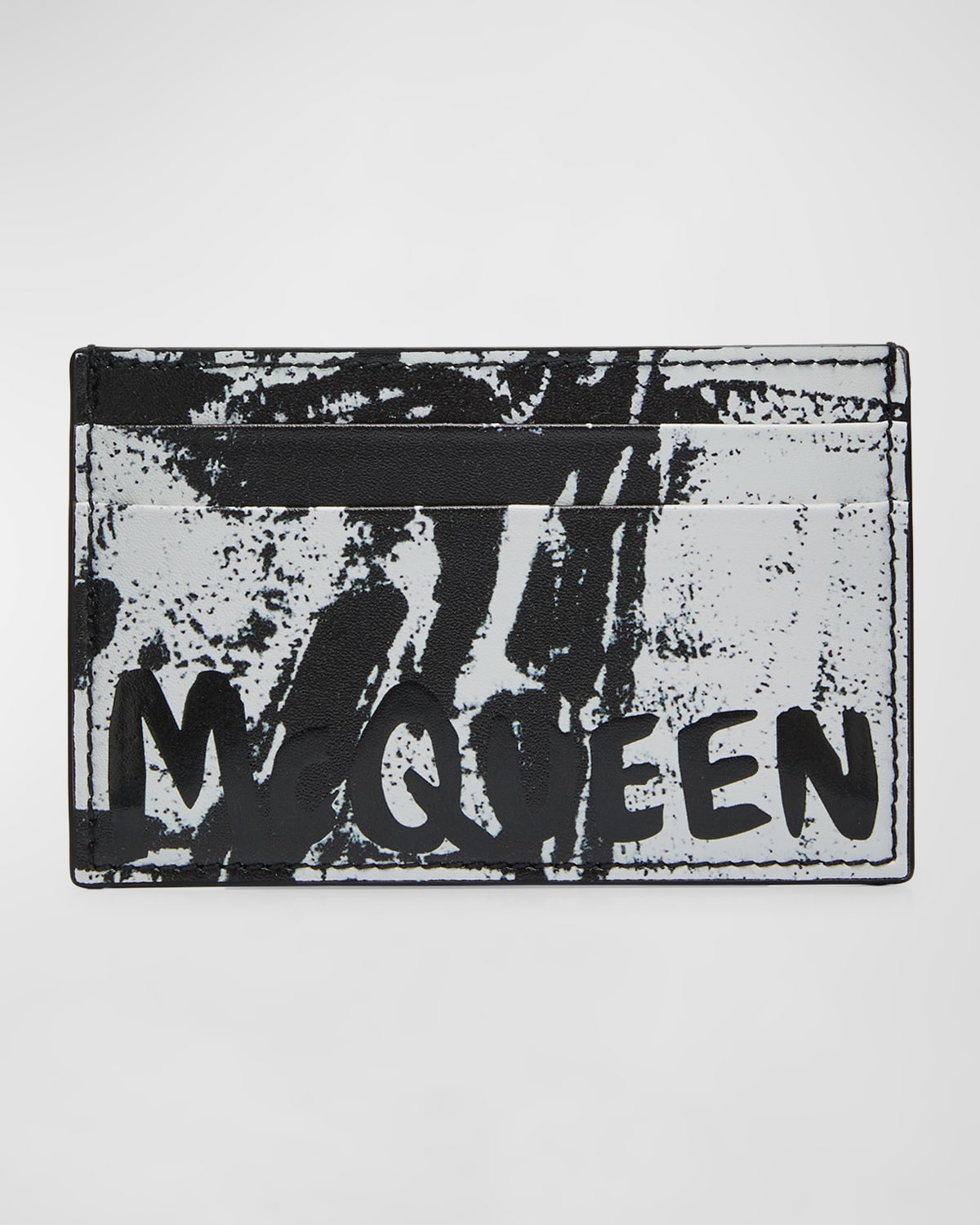Shop Alexander Mcqueen Men's Graffiti Logo Leather Card Holder In Blackwhite