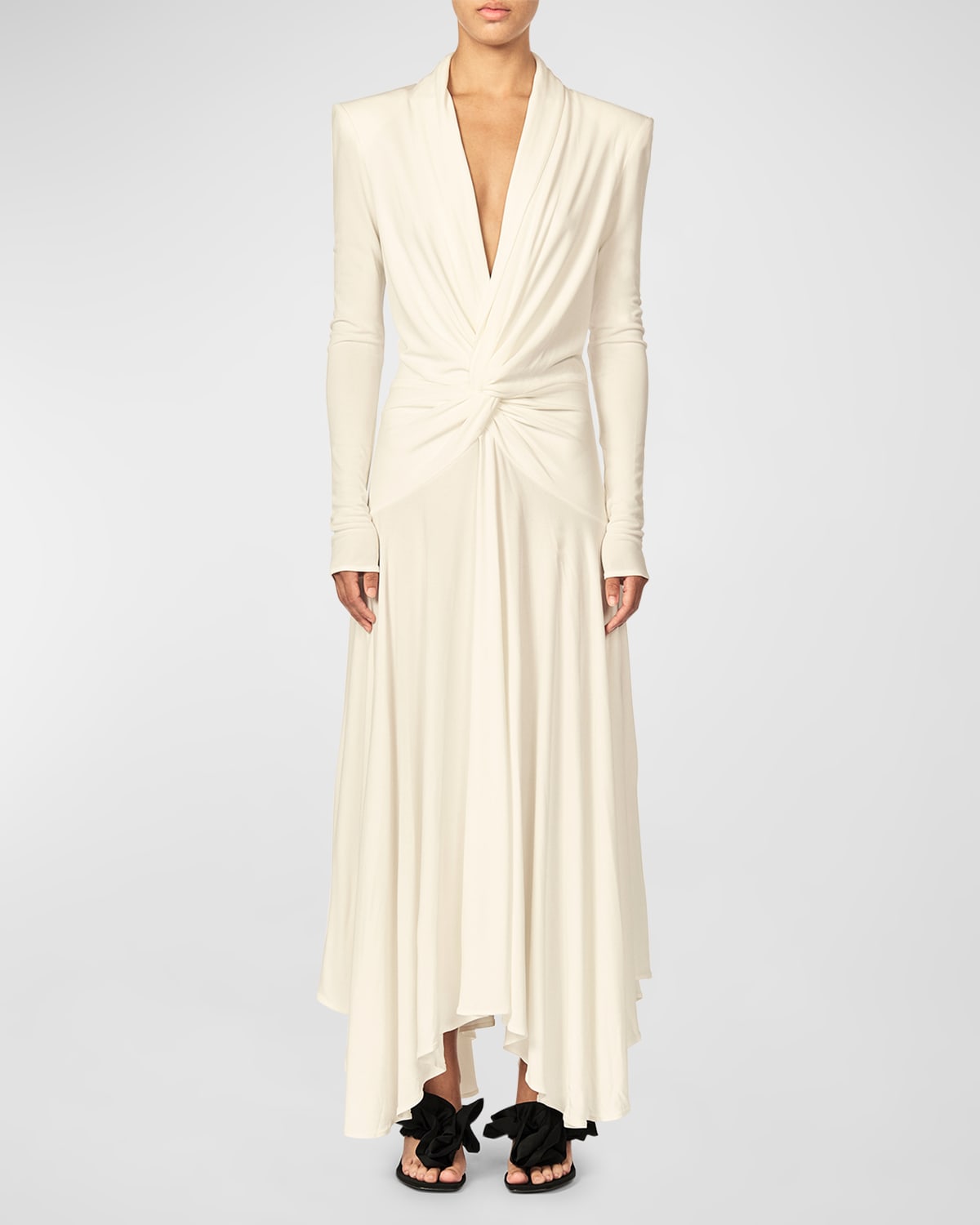 Shop Interior Aria Plunging Twisted Strong-shoulder Long-sleeve Maxi Dress In Ecru