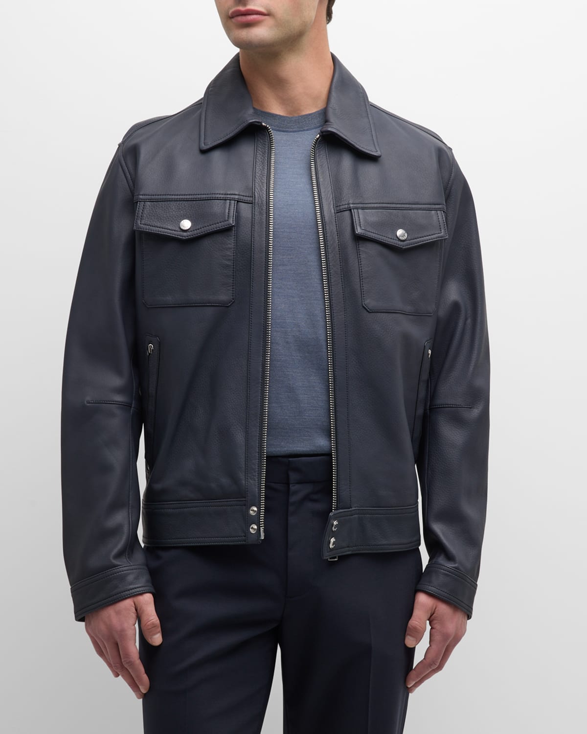 Shop Hugo Boss Men's Leather Full-zip Jacket In Dark Blue