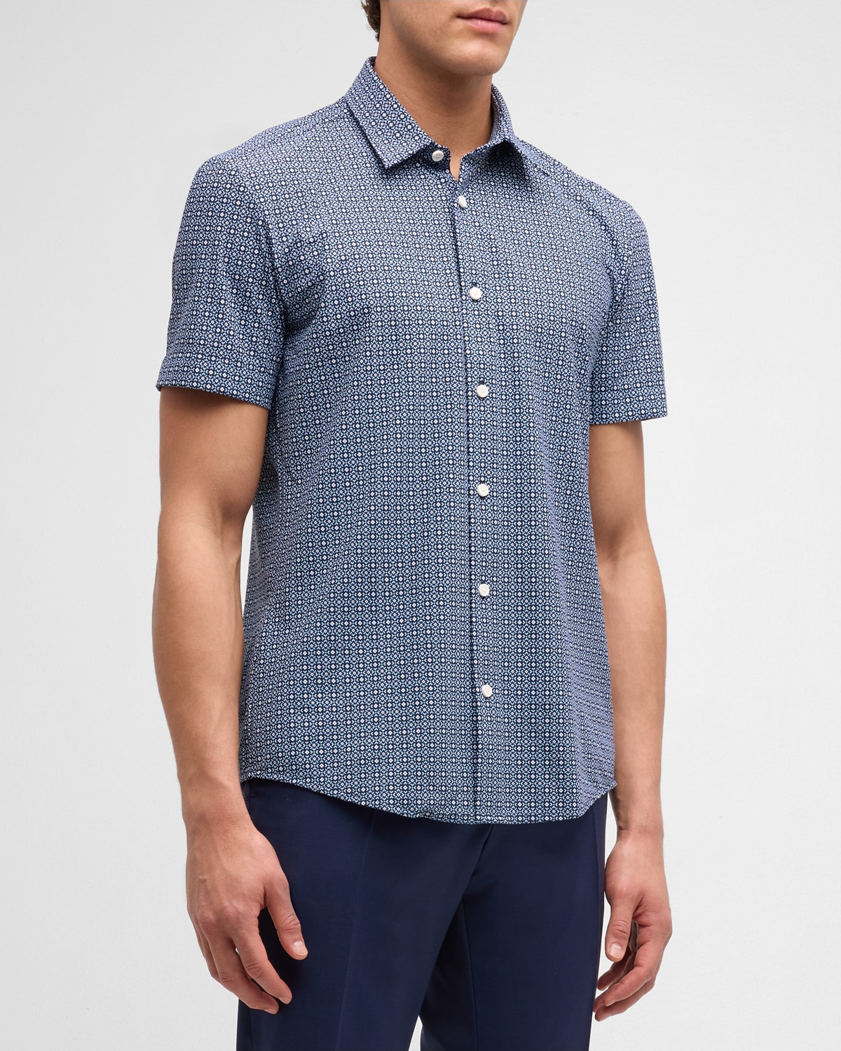Shop Hugo Boss Men's Cotton Diamond-print Short-sleeve Shirt In Pastel Blue