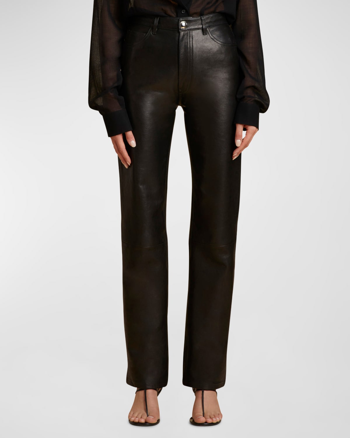 Shop Khaite Danielle Leather High-rise Straight-leg Pants In Black