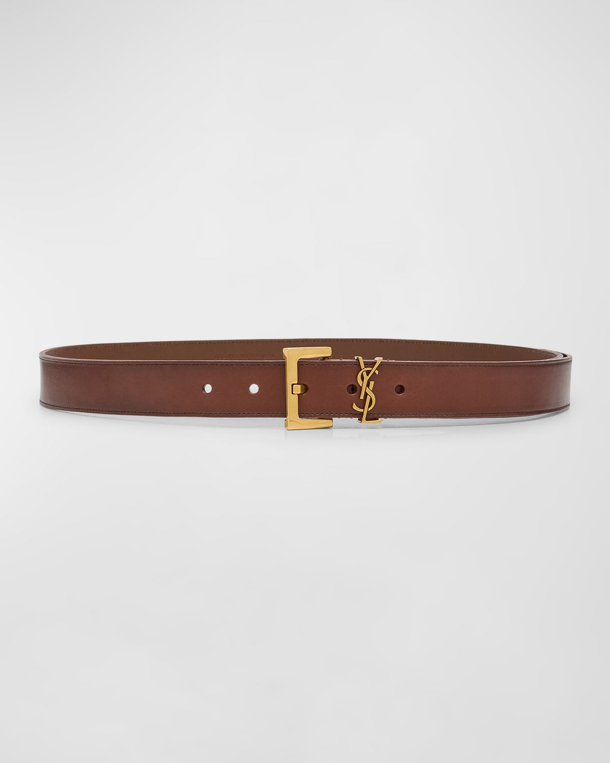 Saint Laurent Ysl Brass & Leather Belt In Dark Brown Choco