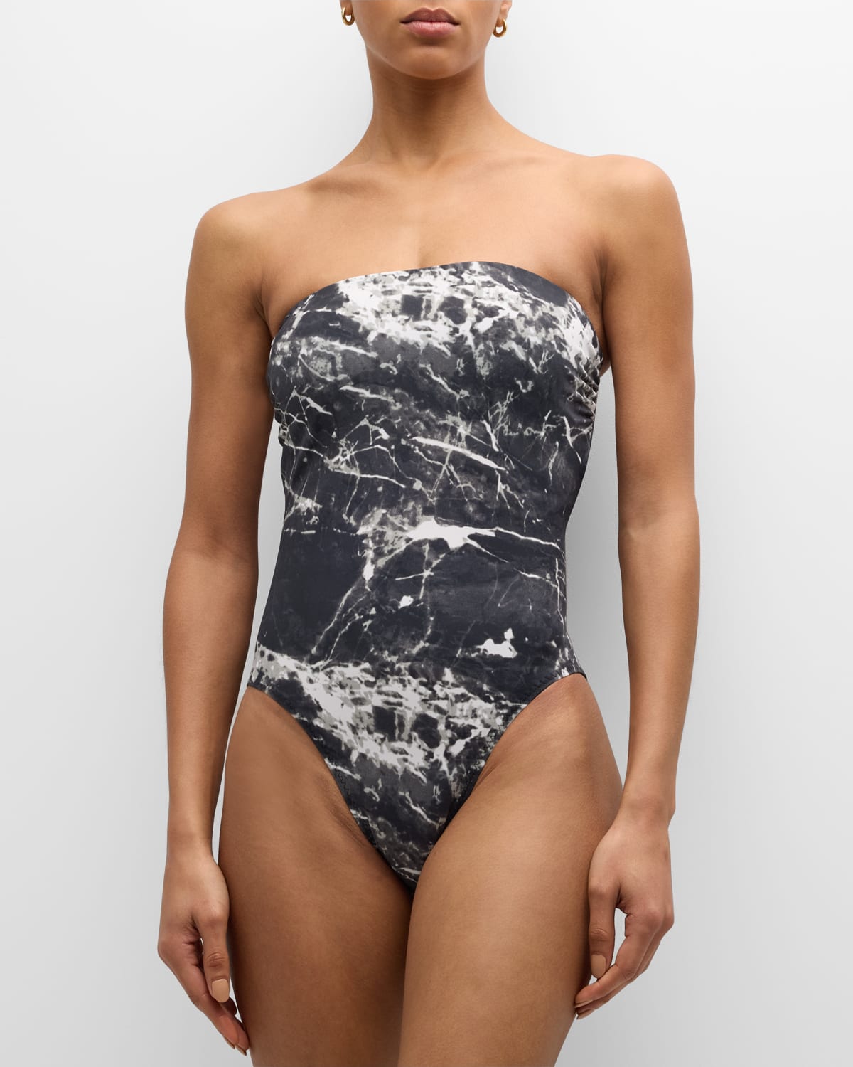 Norma Kamali Bishop Strapless One-piece Swimsuit In Black Marble