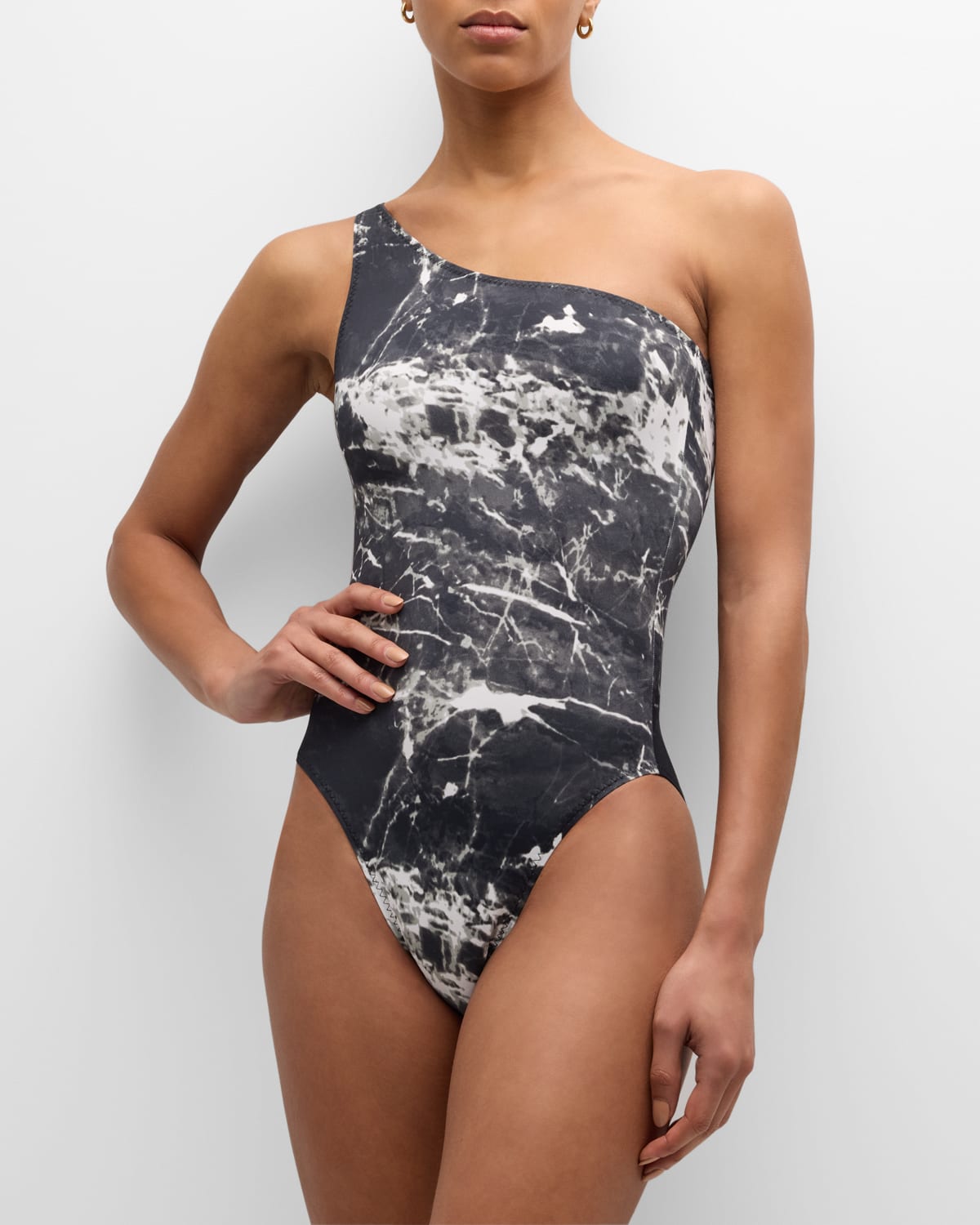 Norma Kamali Marble One-shoulder One-piece Swimsuit In Black Marble