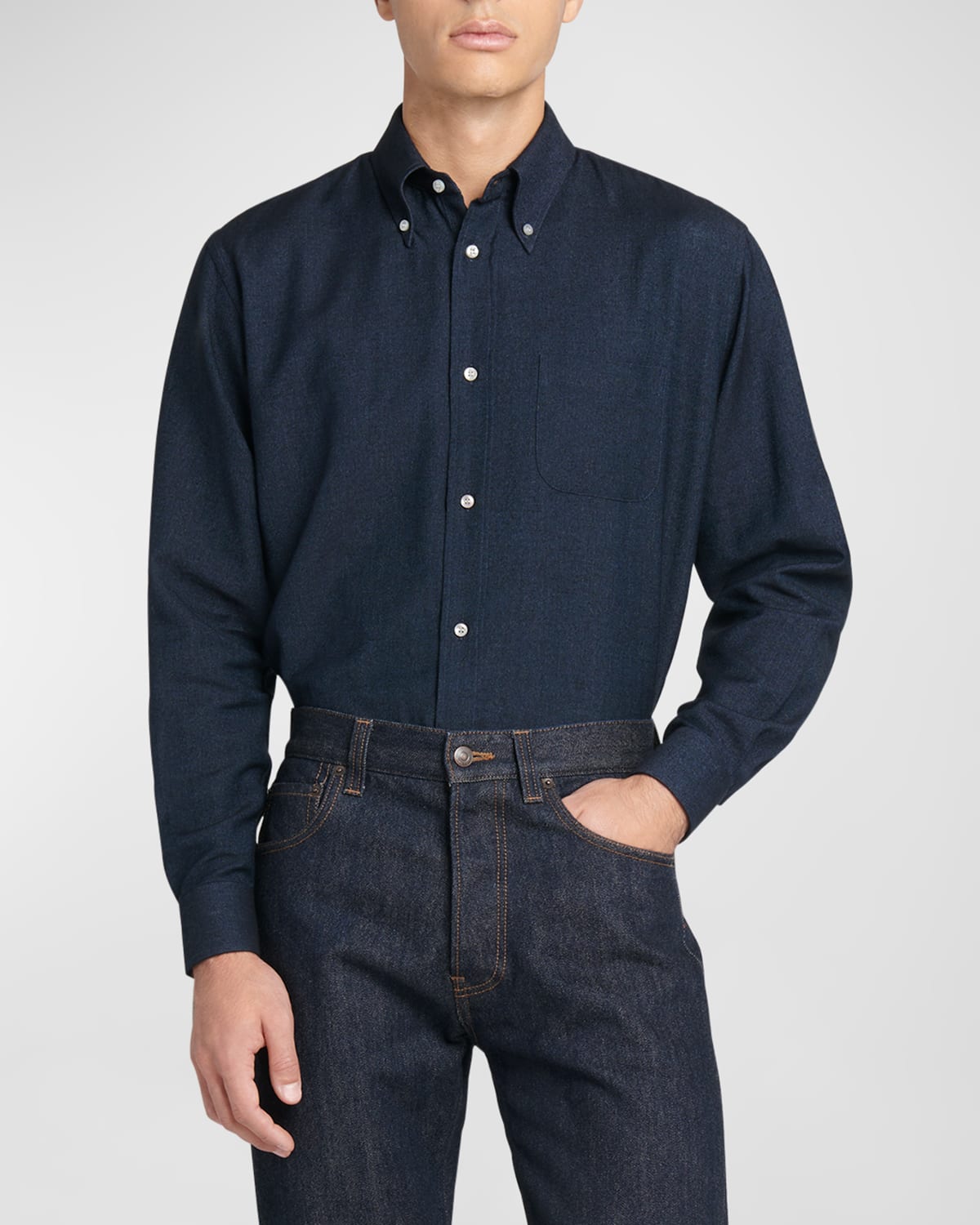 Shop Loro Piana Men's Agui Cashmere-cotton Denim Sport Shirt In Somber Blue