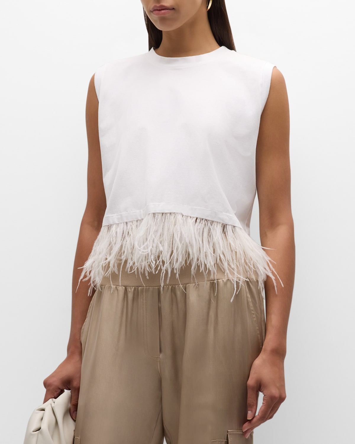 Shop Cinq À Sept Feather-hem Cropped Sleeveless T-shirt In White