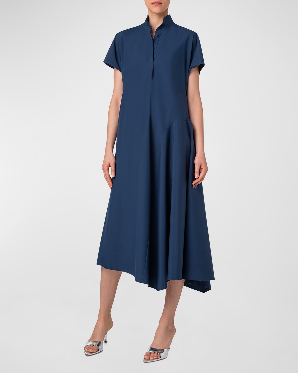 Shop Akris Punto Poplin Midi Dress With Half Circle Handkerchief Hem In Ink