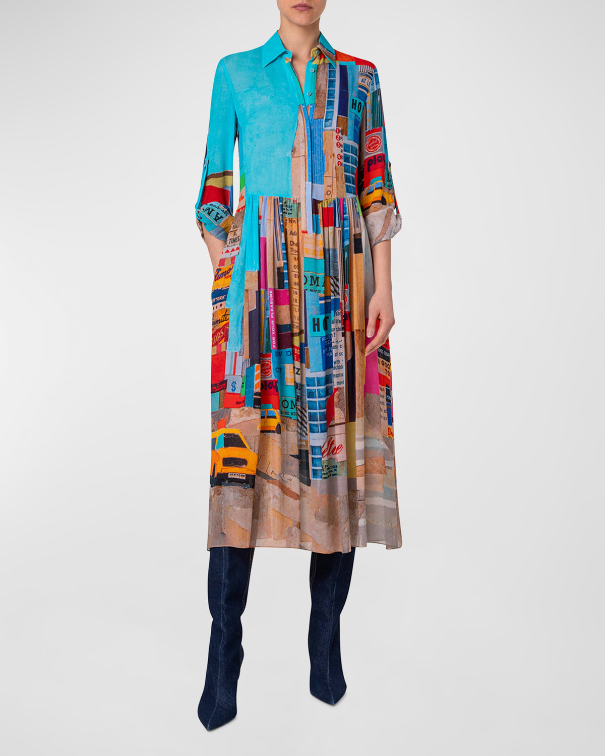 Shop Akris Punto Nyc Paper Collage-print Long-sleeve Viscose Georgette Midi Shirtdress In Multicolor