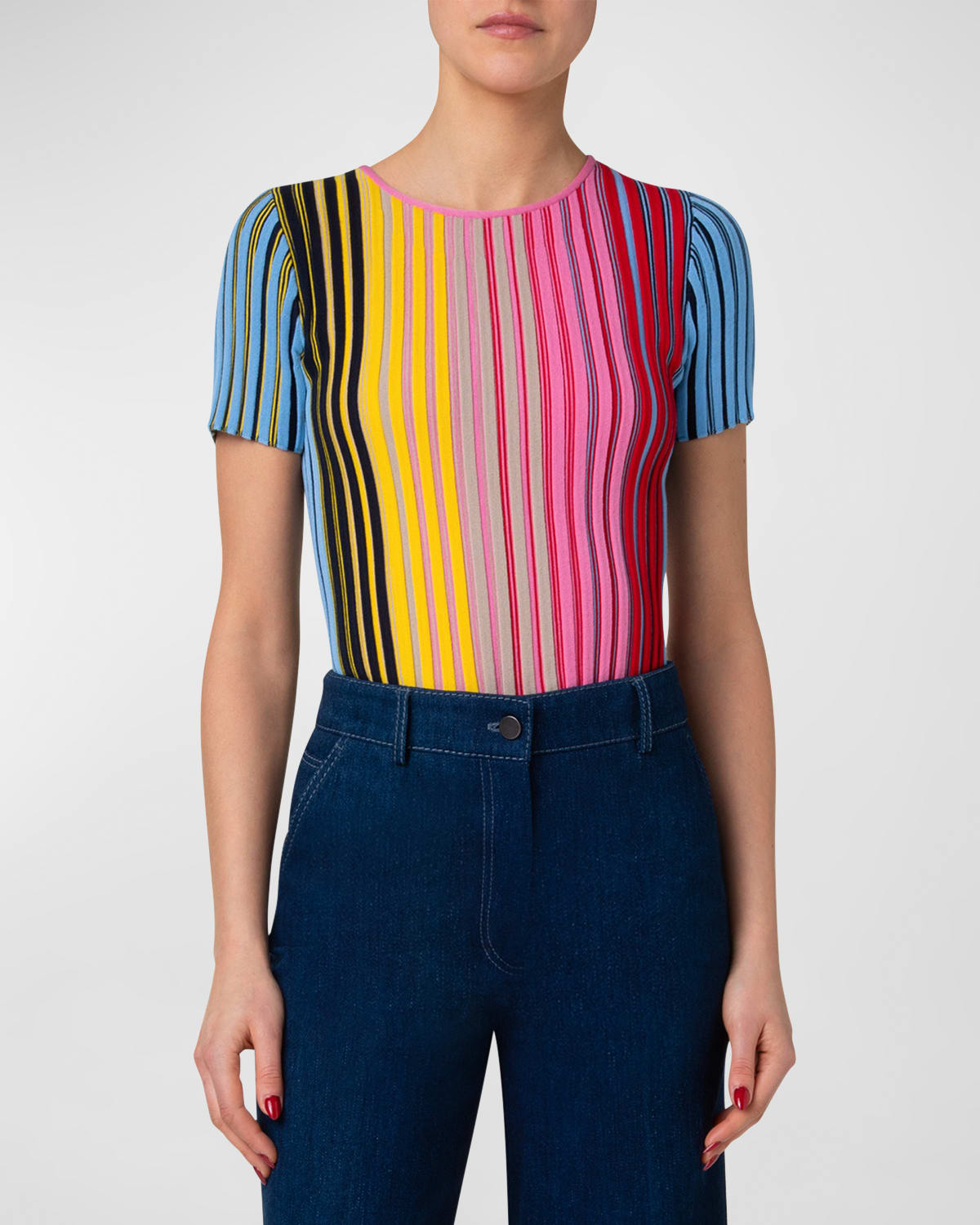 Merino Wool Reverse Rainbow Ribbed Knit Top