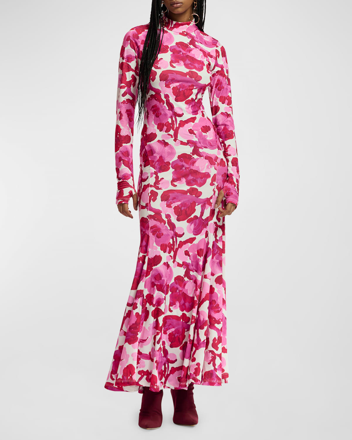 Flustered Floral-Print Jersey Mock-Neck Maxi Dress