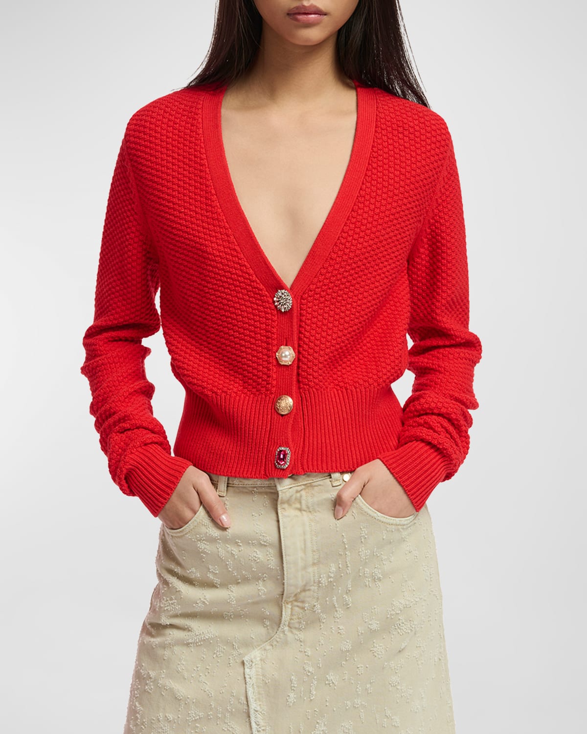 Shop Essentiel Antwerp Farah Embellished-button Knit Cardigan In Cherry Red
