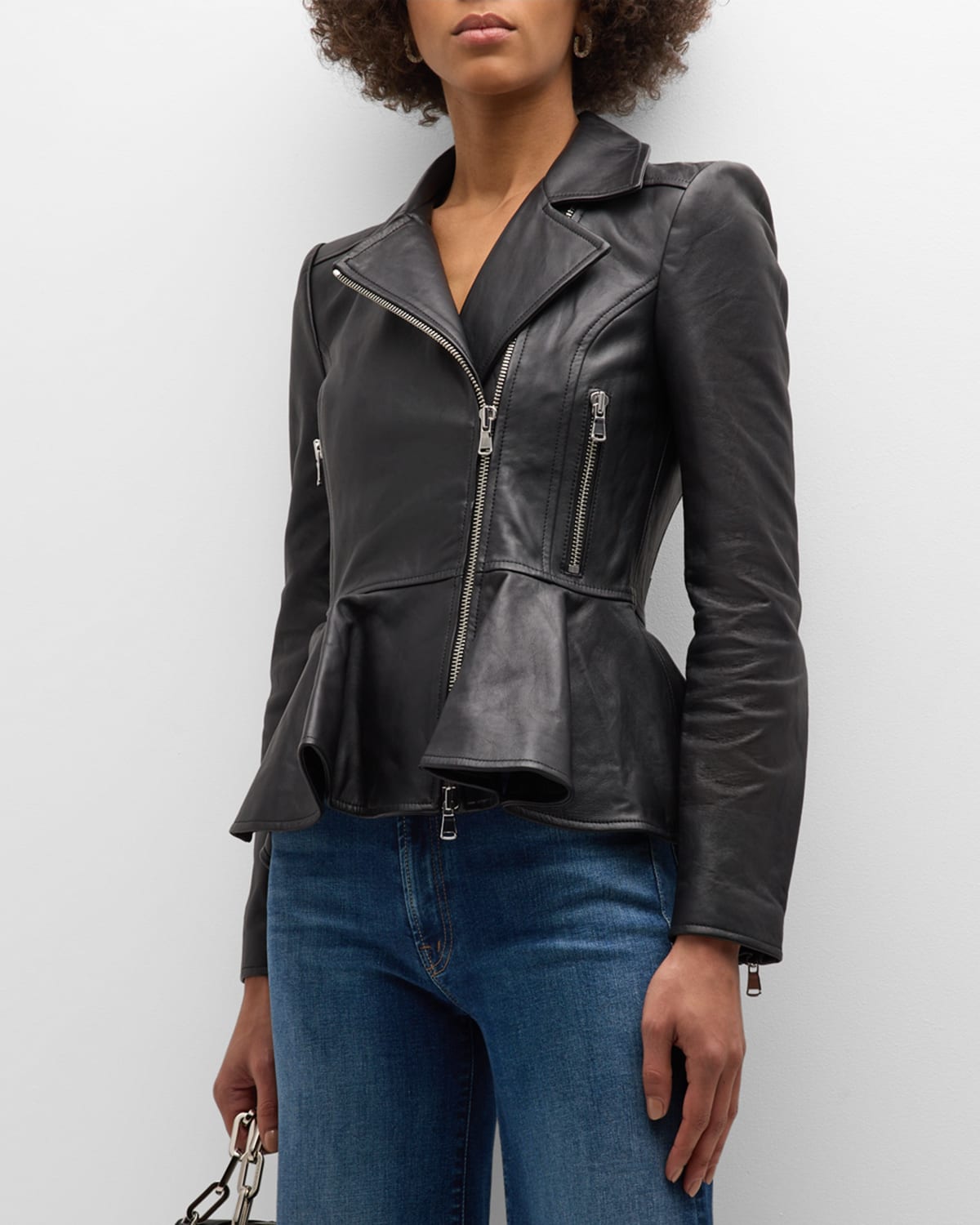 L Agence Lyric Peplum Leather Biker Jacket In Black