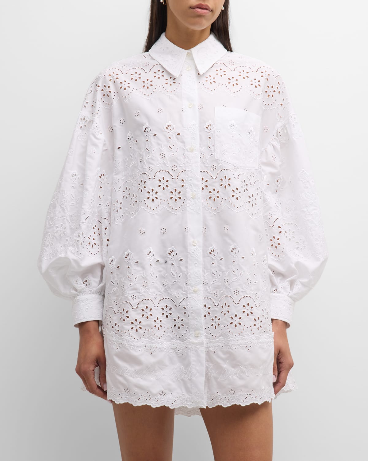 Shop Simone Rocha Eyelet Embroidered Long-sleeve Ruffle Mini Shirtdress In White