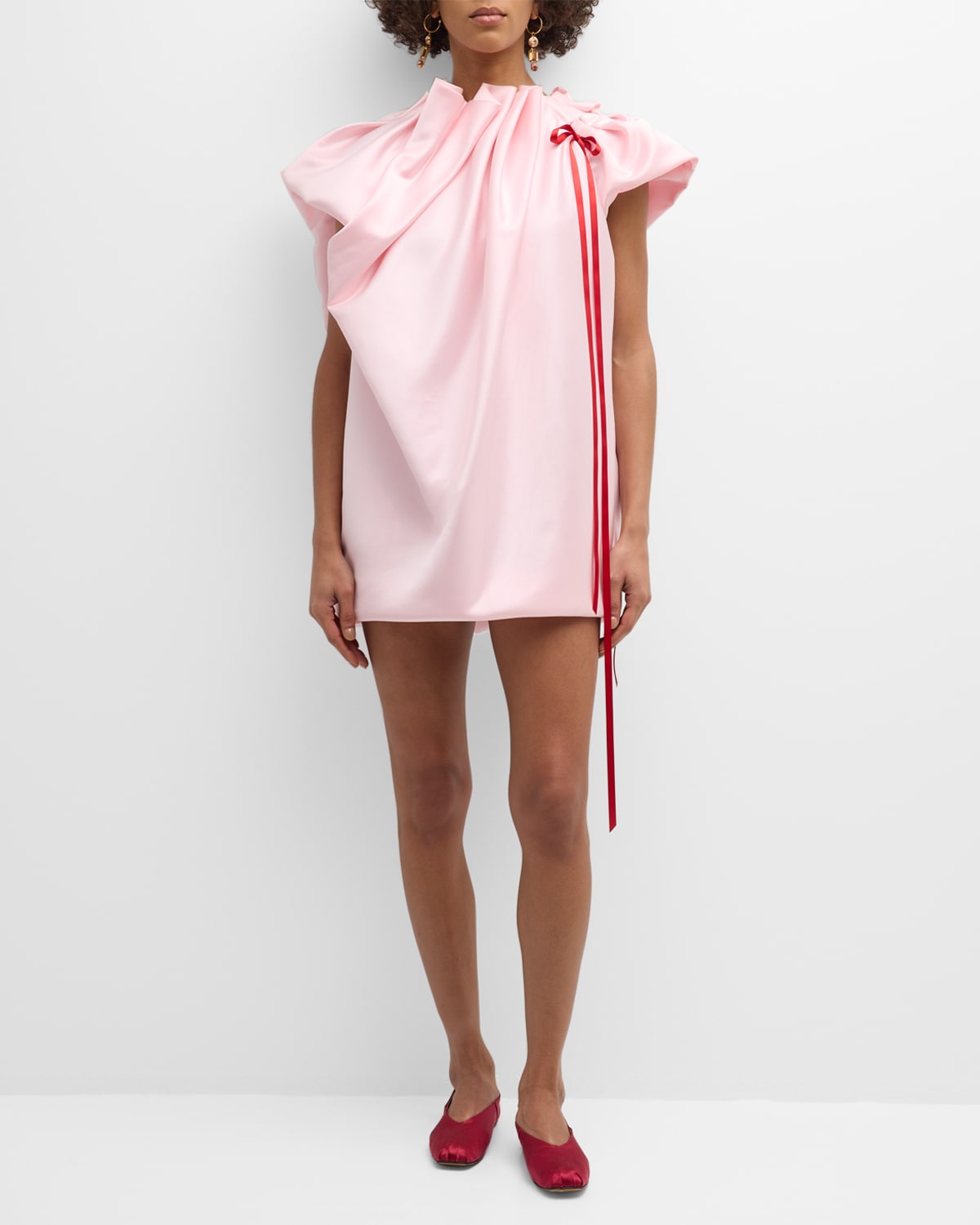Simone Rocha Bow Pleated-neck Mini Sack Dress In Pinkred