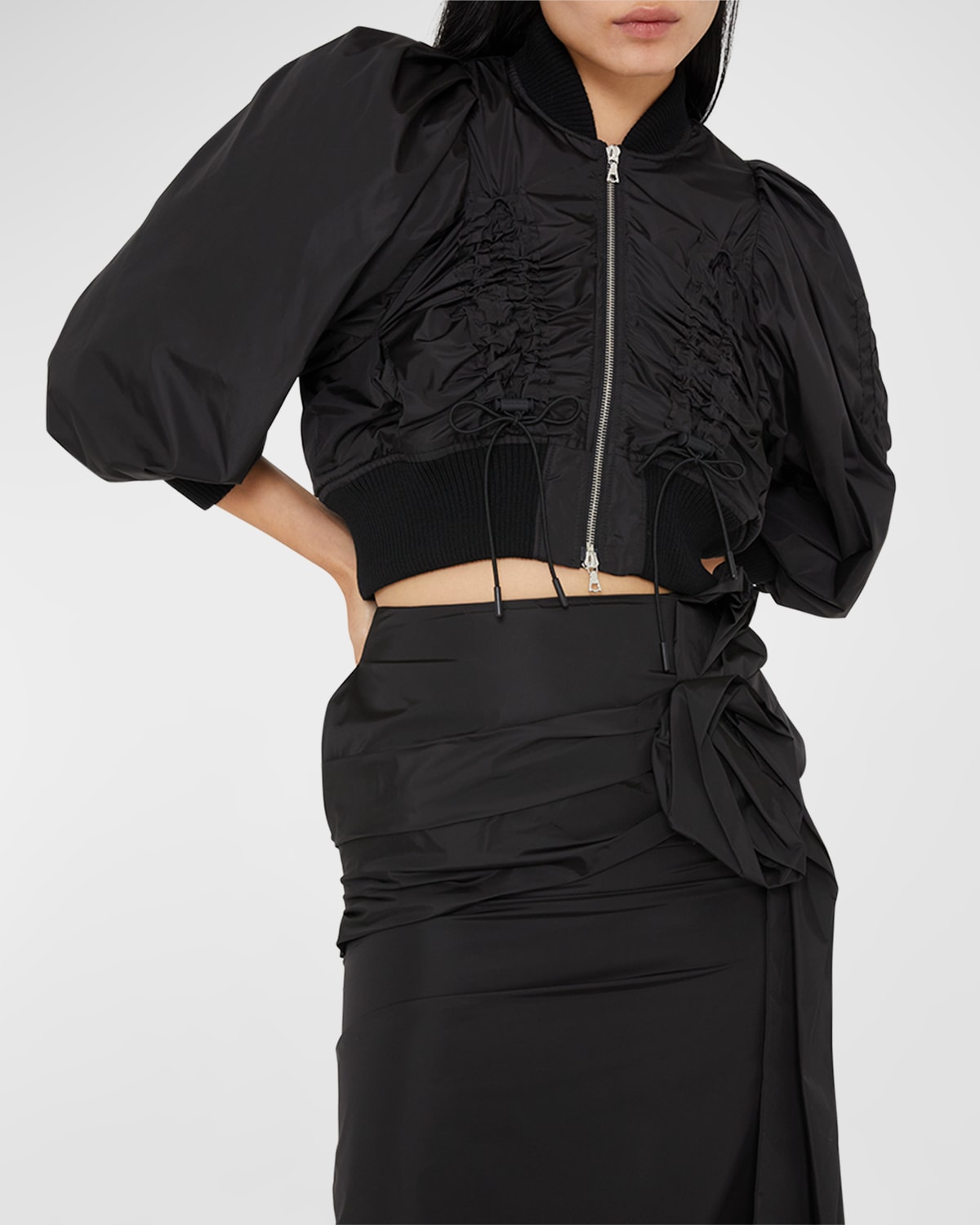 Shop Simone Rocha Ruched Puff-sleeve Crop Bomber Jacket In Black