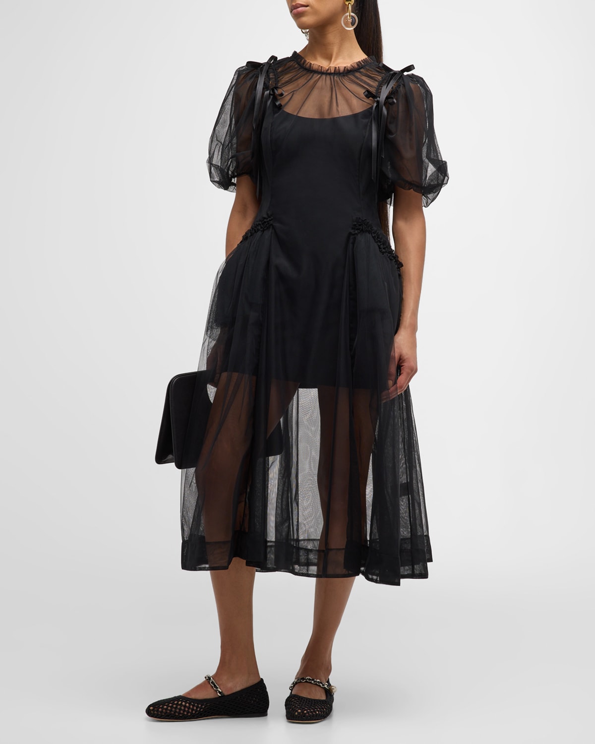 Shop Simone Rocha Puff-sleeve Bow Ruched Bite-cutout Tulle Midi Dress In Black