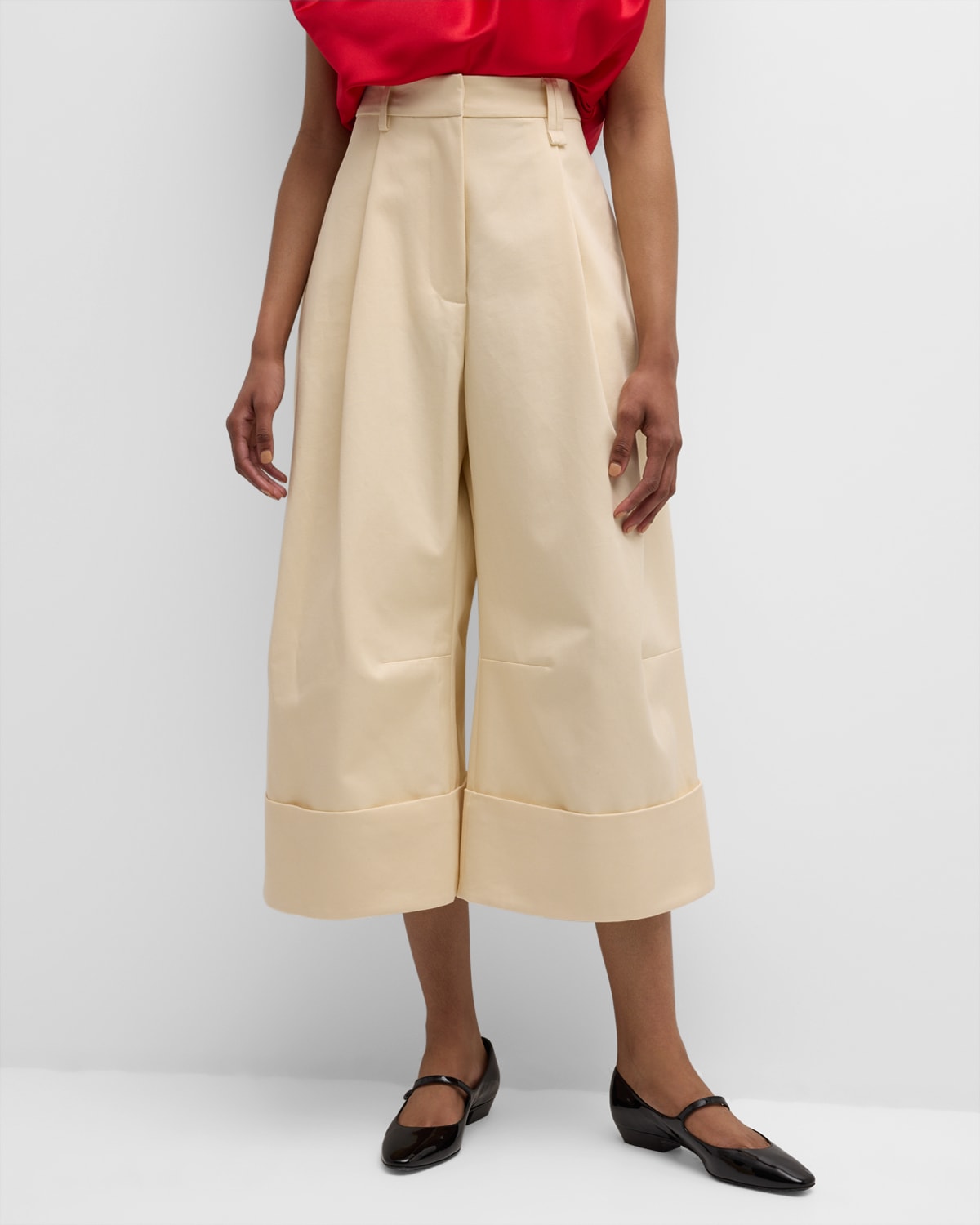 High-Rise Pleated Wide-Leg Cuffed Ankle Trousers