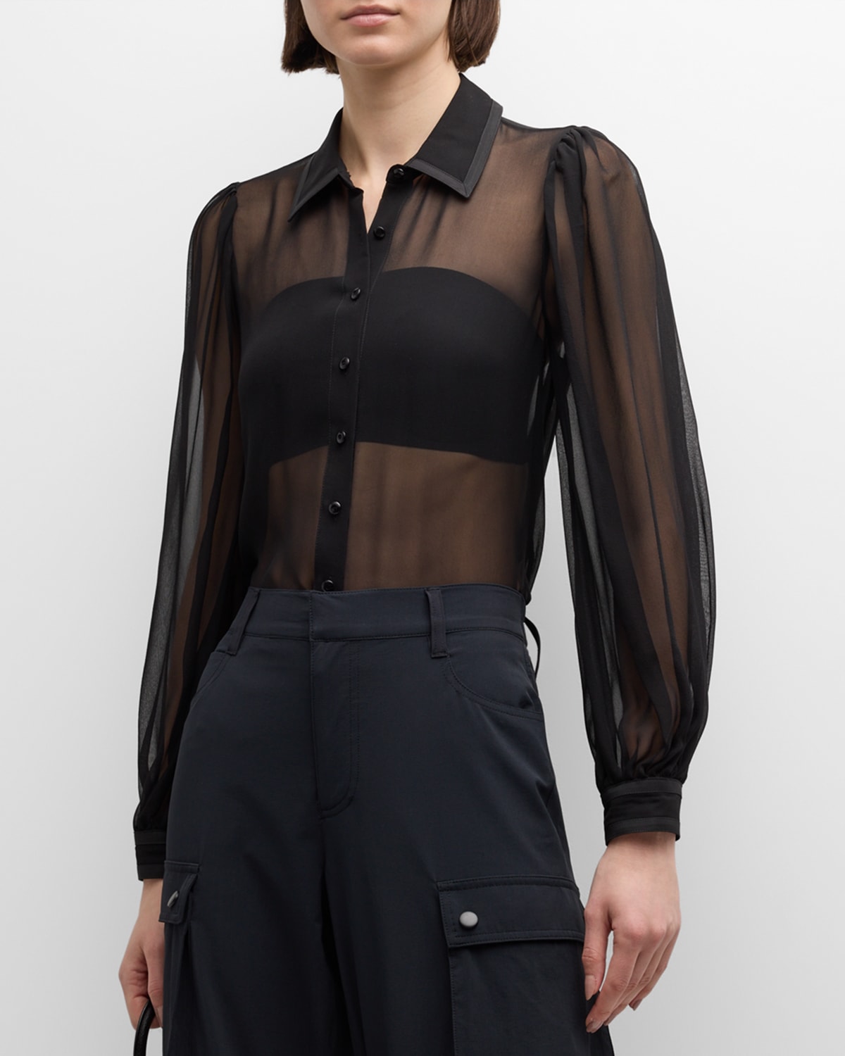 Shop Alice And Olivia Roanne Sheer Blouson-sleeve Button-front Shirt In Black