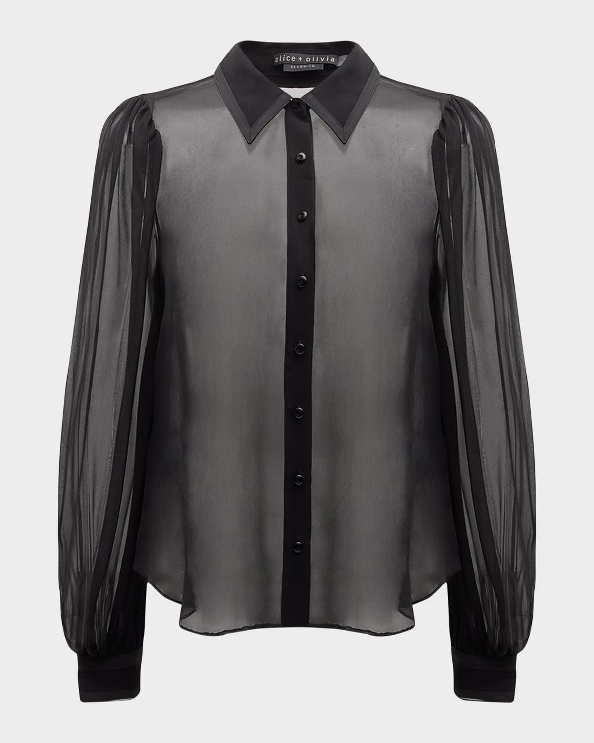 Alice And Olivia Roanne Sheer Blouson-sleeve Button-front Shirt In Black