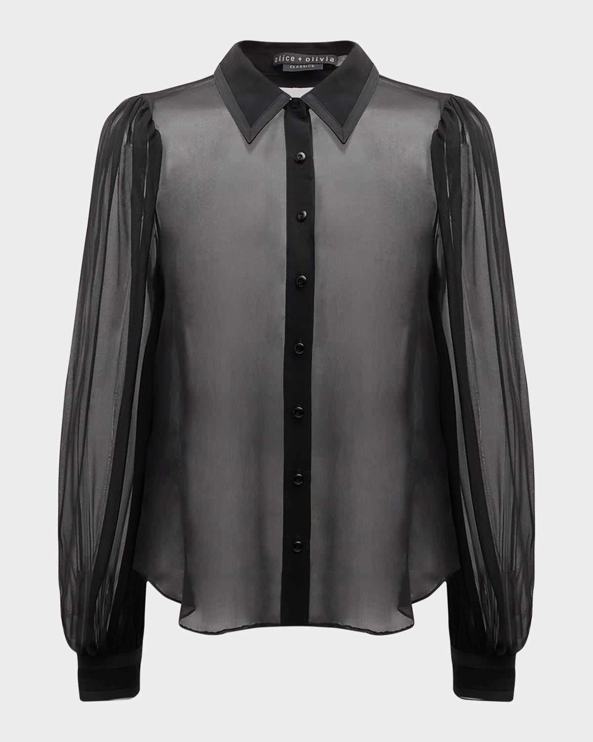 Shop Alice And Olivia Roanne Sheer Blouson-sleeve Button-front Shirt In Black