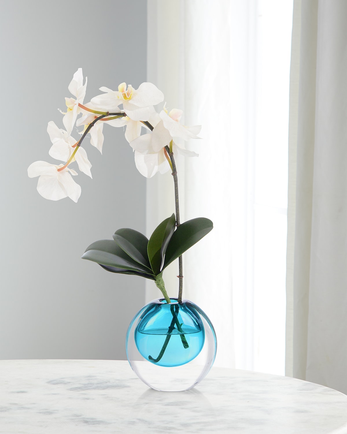 Shop John-richard Collection Real Touch Teardrop Orchid 19" Faux Floral Arrangement In A Colored Glass Container In White/blue
