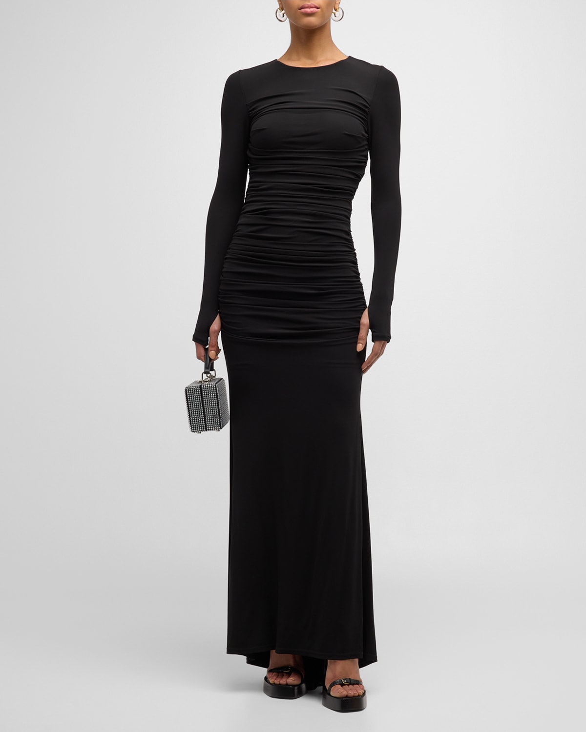 Shop Alice And Olivia Katherina Long-sleeve Ruched Jersey Maxi Dress In Black