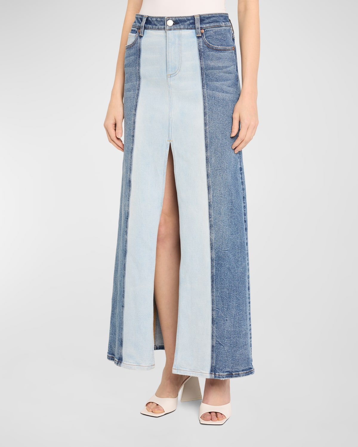 Shop Alice And Olivia Rye Low-rise Two-tone Denim Skirt In Brooklyn Blue/georgi