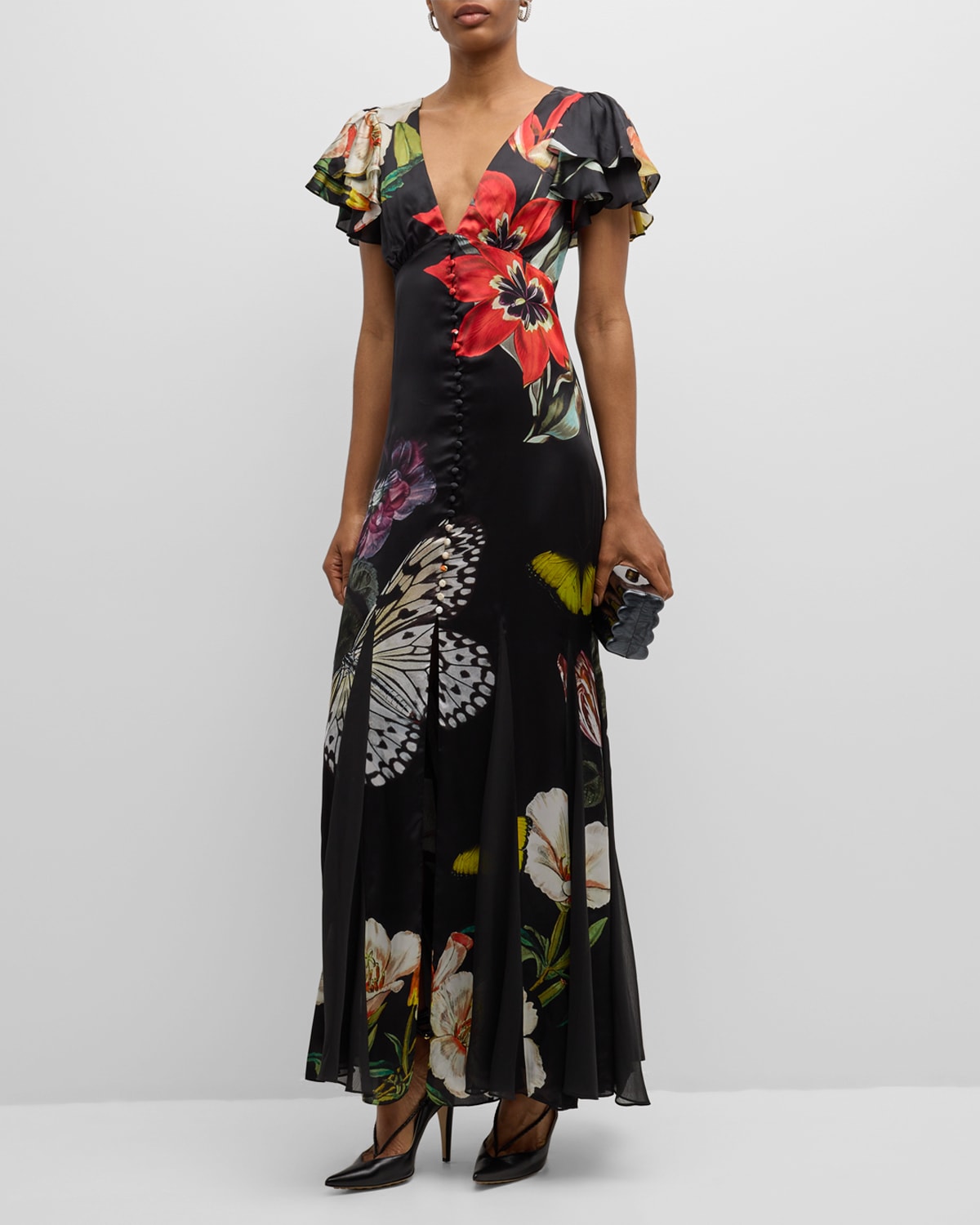Shop Alice And Olivia Fara Deep V-neck Flutter-sleeve Maxi Dress In Essential Floral