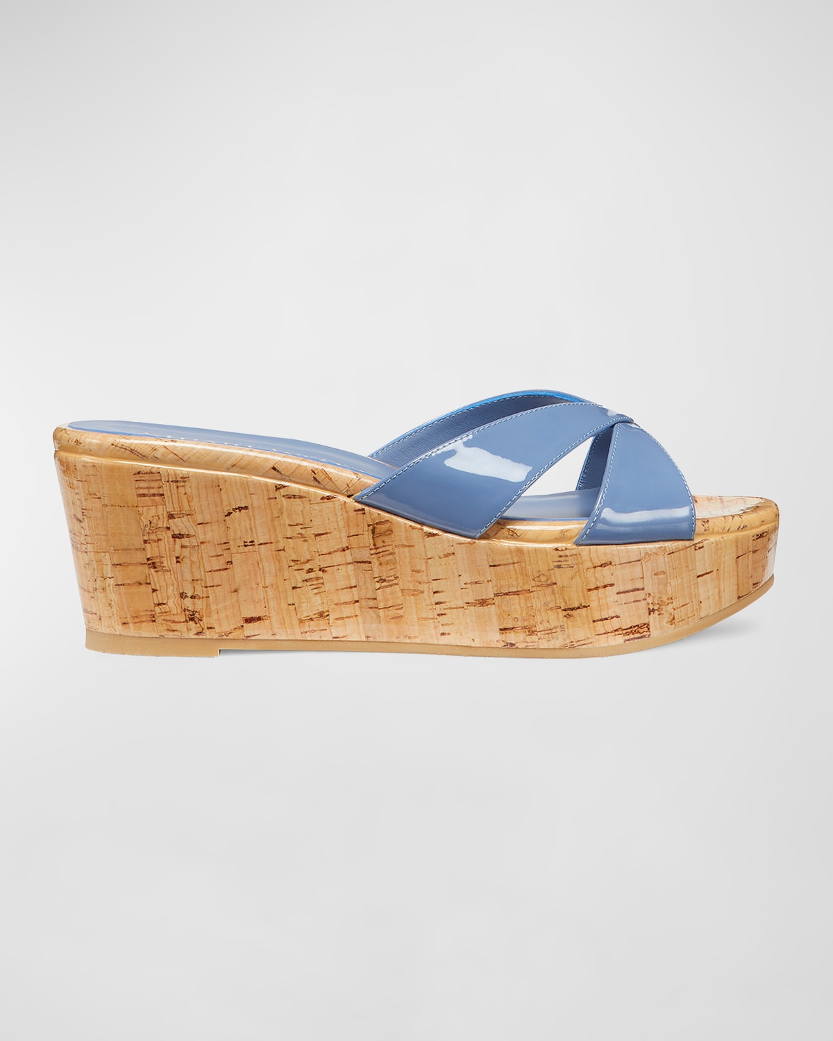 Shop Stuart Weitzman Carmen Patent Slide Wedge Sandals In Blue Steel