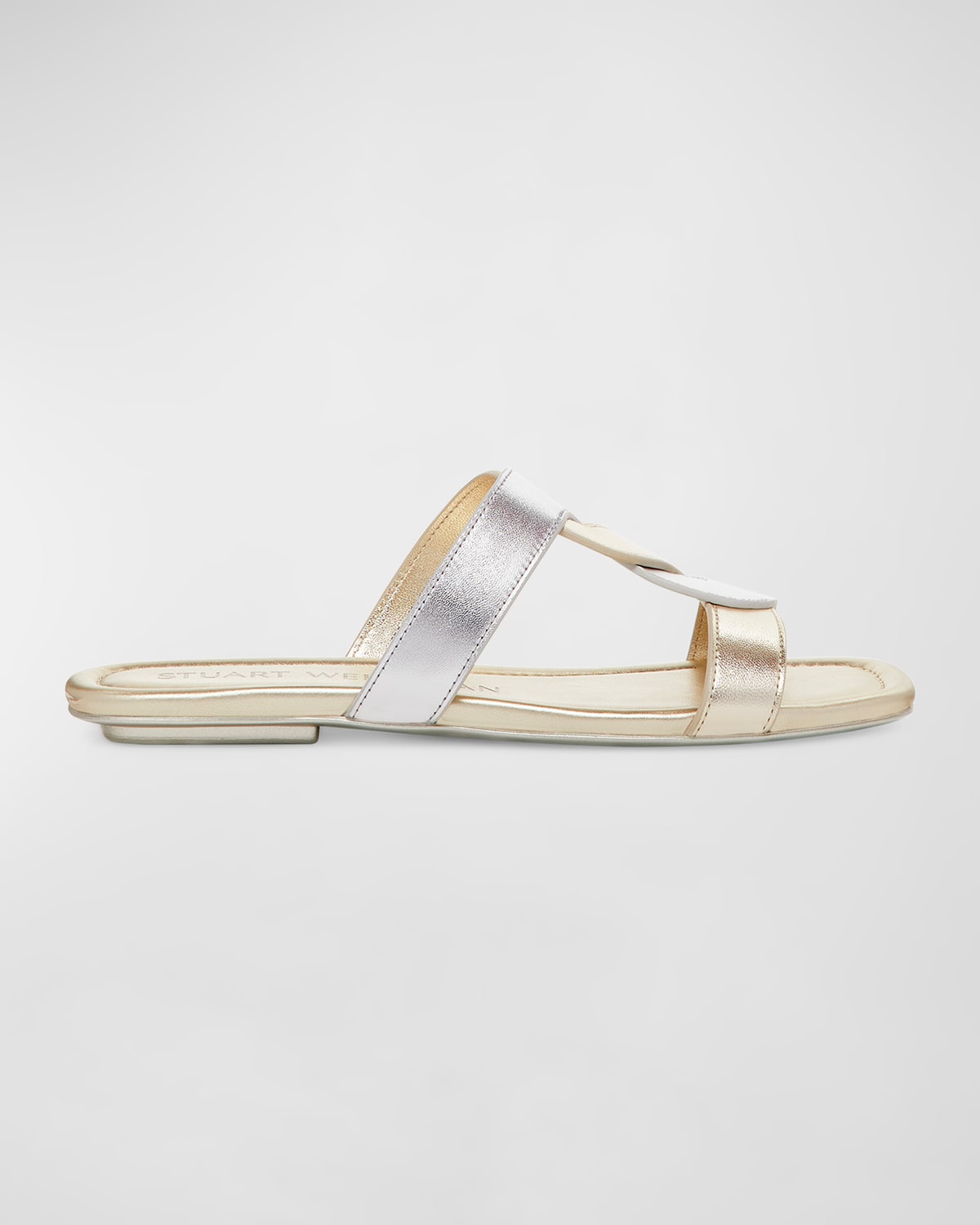 Shop Stuart Weitzman Ibiza Metallic Woven-strap Slide Sandals In Silver/light Gold/light Gold