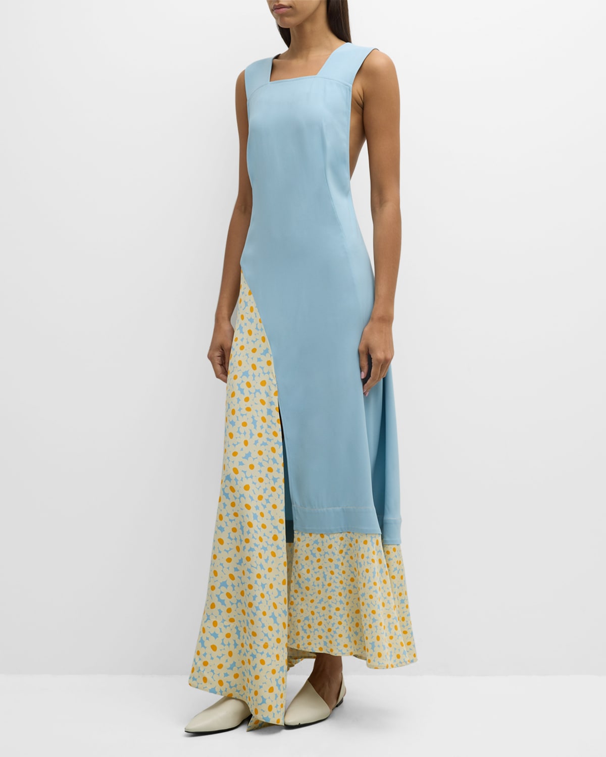 Co Flower-print Panel Sleeveless Maxi Apron Dress In Blue Multi