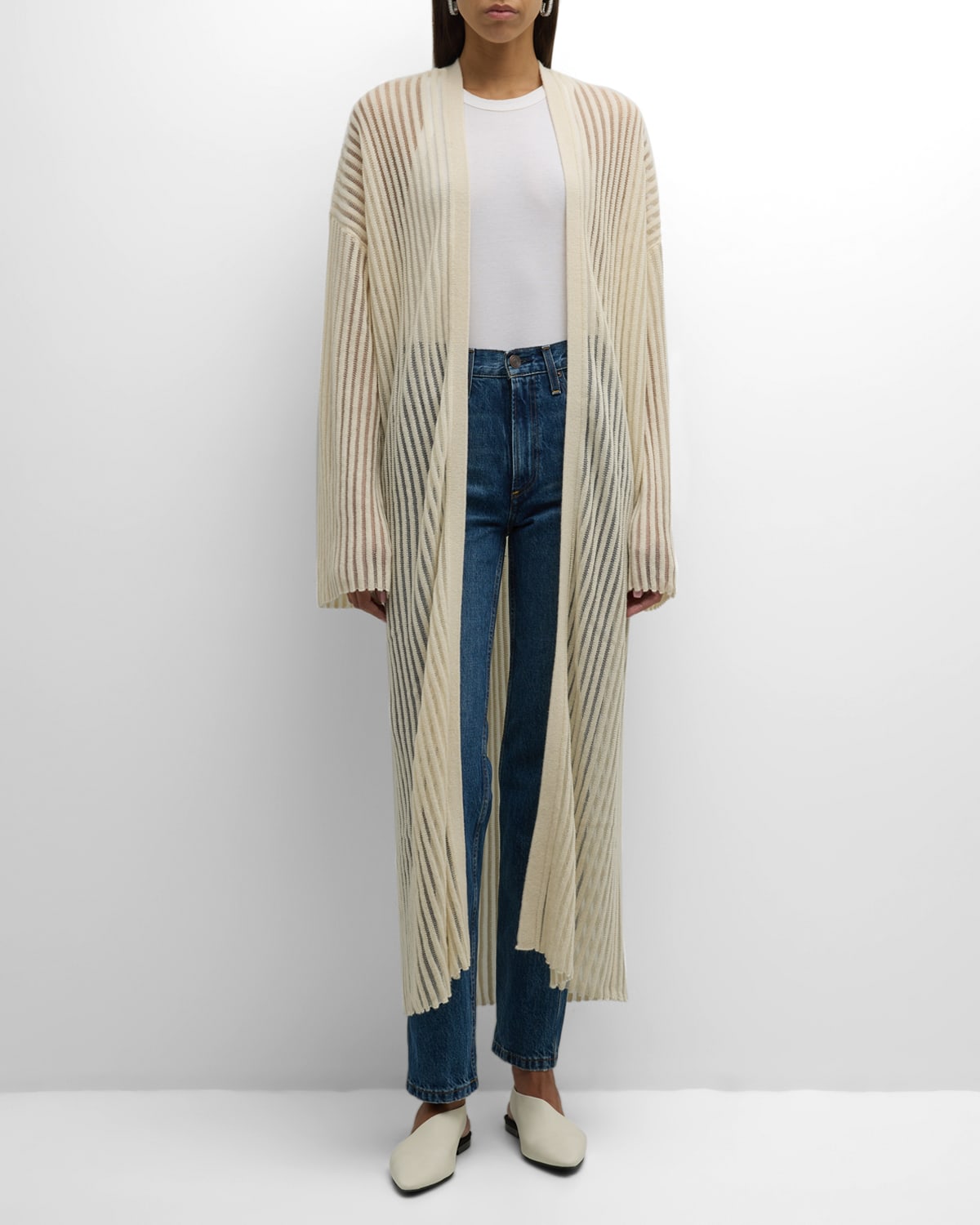Co Sheer Cashmere-silk Rib Long Cardigan In Ivory