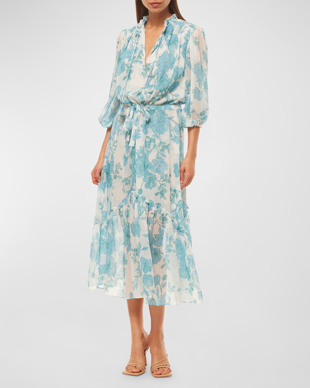 Olivia Blouson-Sleeve Floral Chiffon Midi Dress